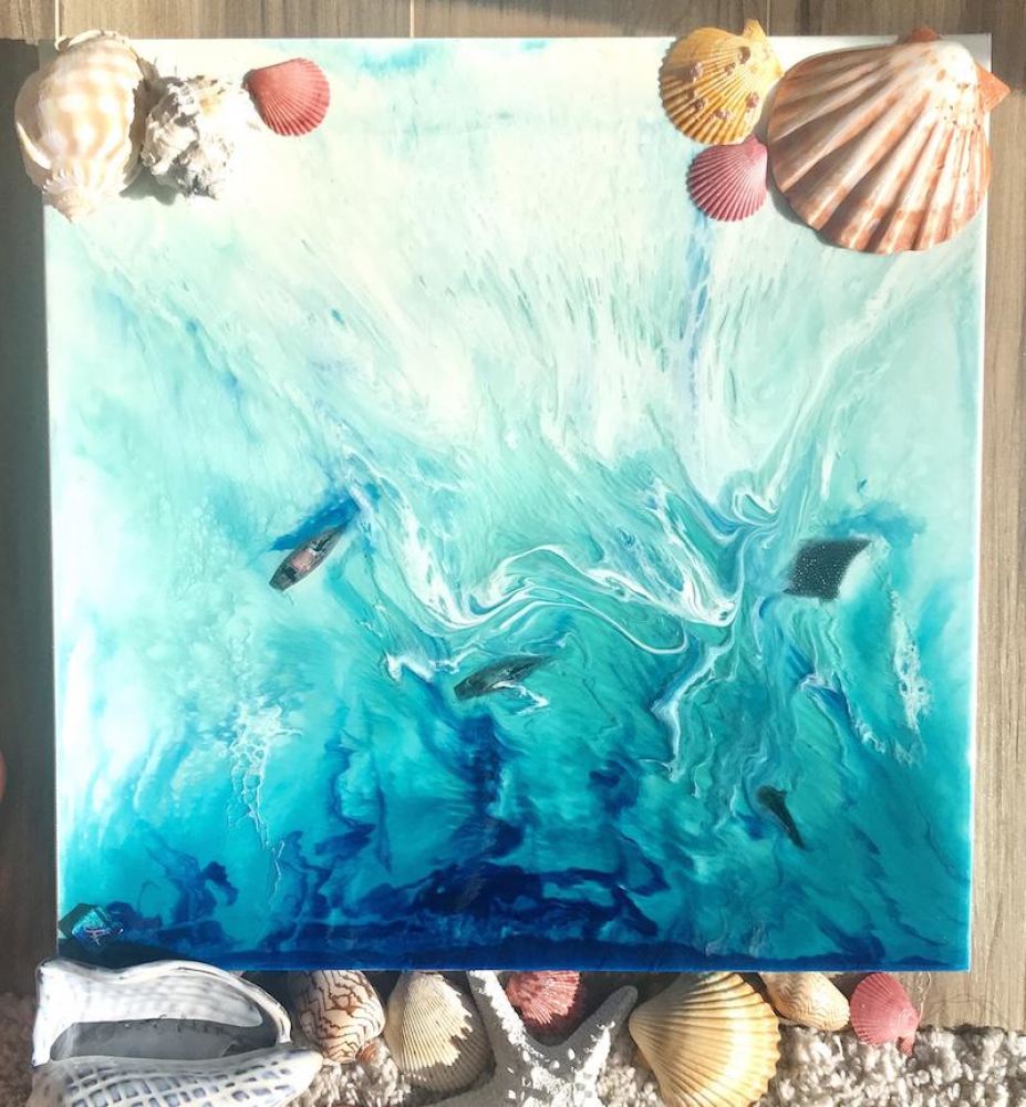 Tropical Resin Artwork with mantas and sailing boats ANTUANELE 2 Timelessness in Ko Bon. Original Abstract Ocean Seascape