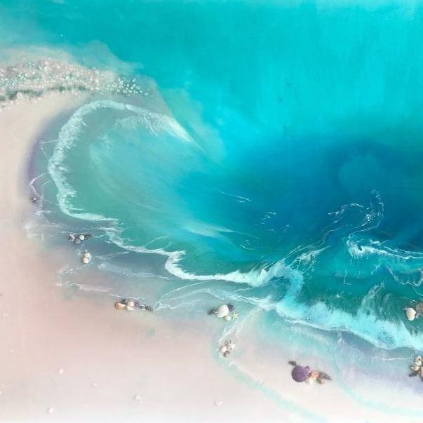 Teal and Aqua Blues. Abstract Coastline. Original Artwork. Tropical Bounty. Antuanelle 2 Seascape. Artwork