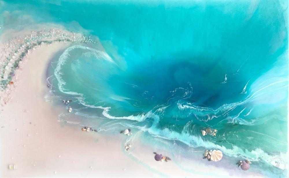 5 Tropical Bounty. Abstract Ocean. Original Artwork with Pearls Rose Quartz and Moon Stone. COMMISSION