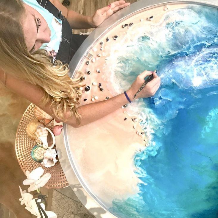 Original Artwork. Navy and Teal Beach. Laguna wave. Abstract shoreline. Antuanelle 4 Coastline Round 