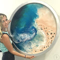Original Artwork. Navy and Teal Beach. Laguna wave. Abstract shoreline. Antuanelle 1 Coastline Round
