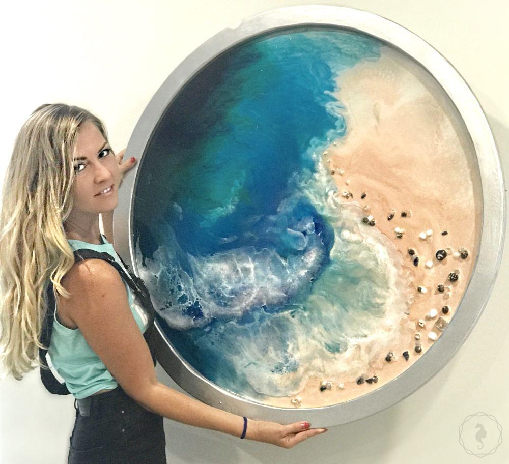 Original Artwork. Navy and Teal Beach. Laguna wave. Abstract shoreline. Antuanelle 3 Coastline Round 