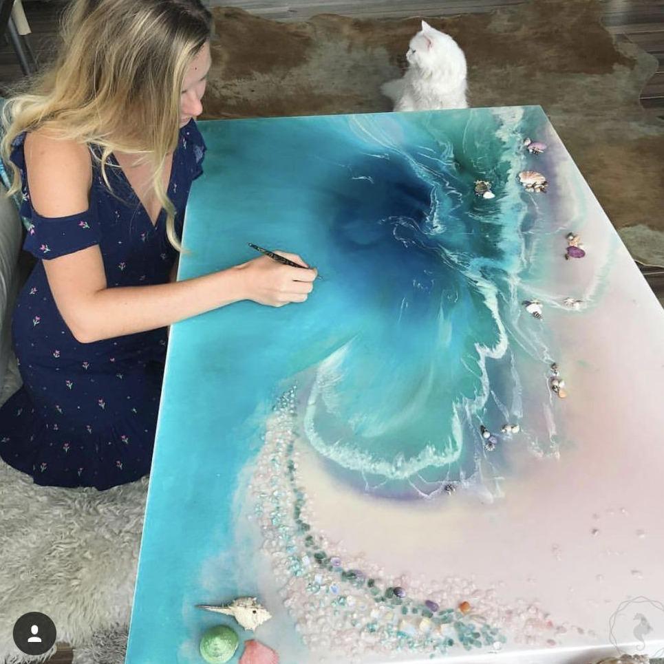 1 Tropical Bounty. Abstract Ocean. Original Artwork with Pearls Rose Quartz and Moon Stone. COMMISSION
